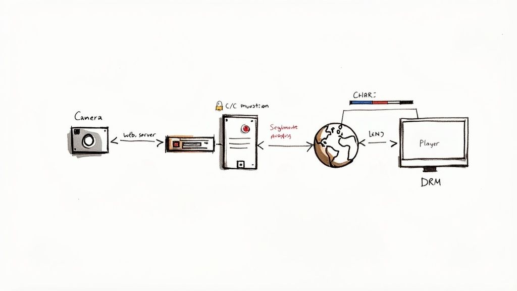 A person working on a computer to set up an HLS stream.