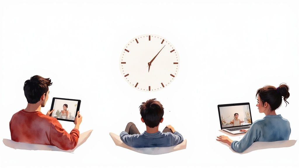 Three remote team members video conferencing on devices under wall clock showing collaboration