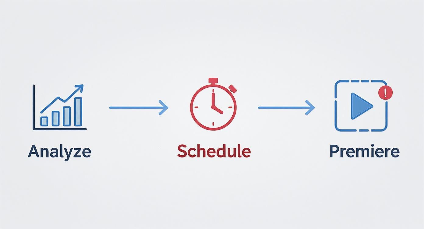 A three-step flowchart showing Analyze (chart), Schedule (stopwatch), and Premiere (video player) for content.