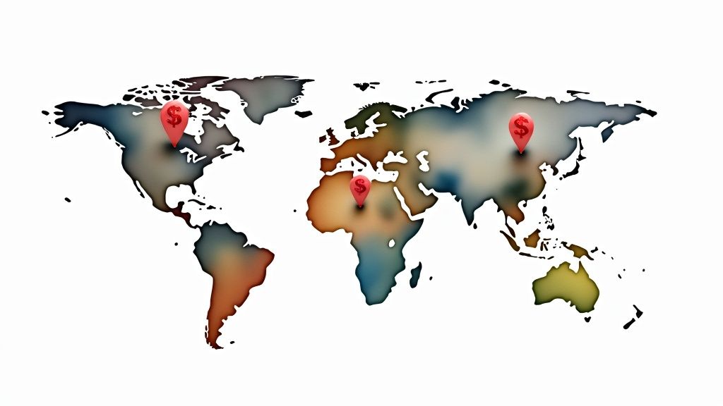 Map of the world with glowing pins highlighting North America, Western Europe, and Australia, indicating high-value viewer locations.