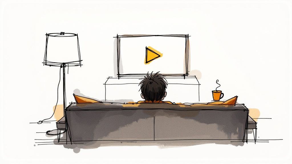 A person from behind relaxes on a couch, watching a TV screen with a play button.