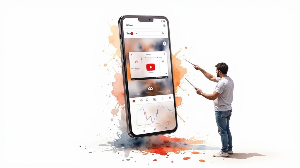 A musician analyzing YouTube Ads performance on a laptop screen with graphs and charts showing audience growth.