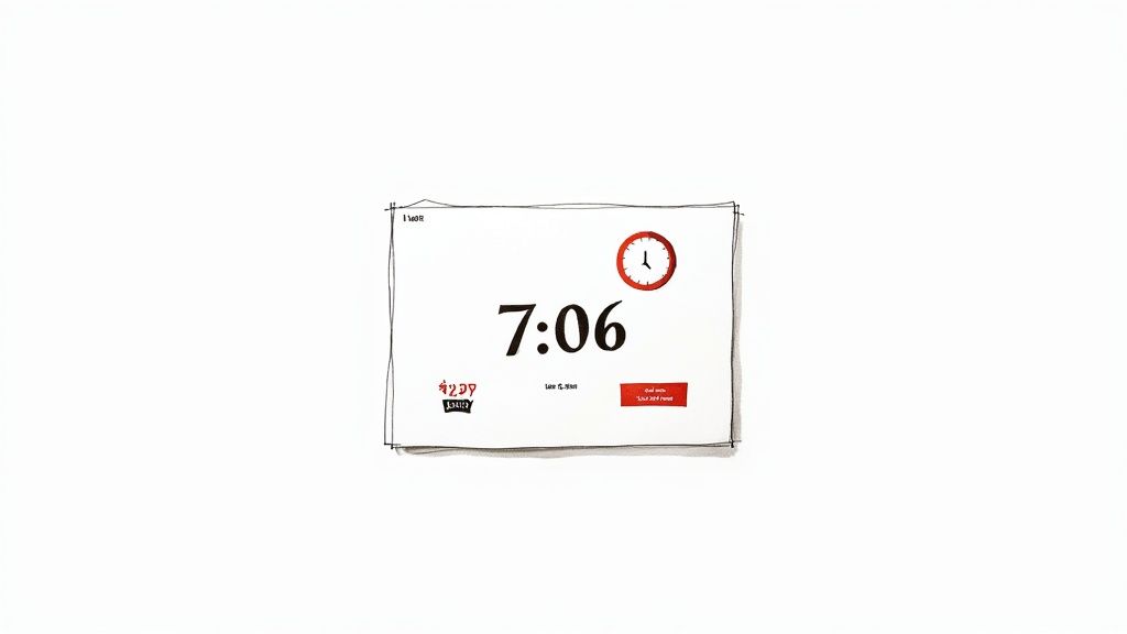 A hand-drawn whiteboard shows a digital time '7:06', a red clock icon, and a 'start 259 timer' button.