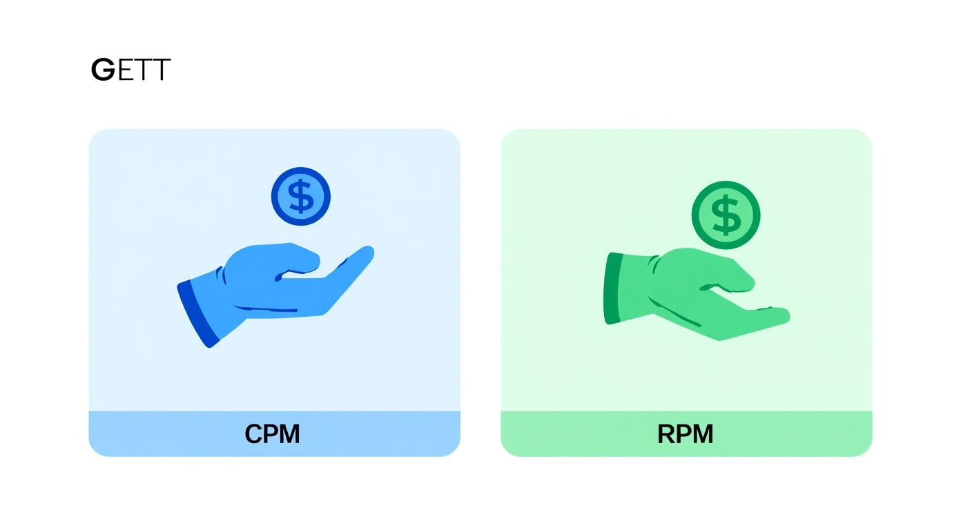 Infographic showing the difference between CPM for advertisers and RPM for creators