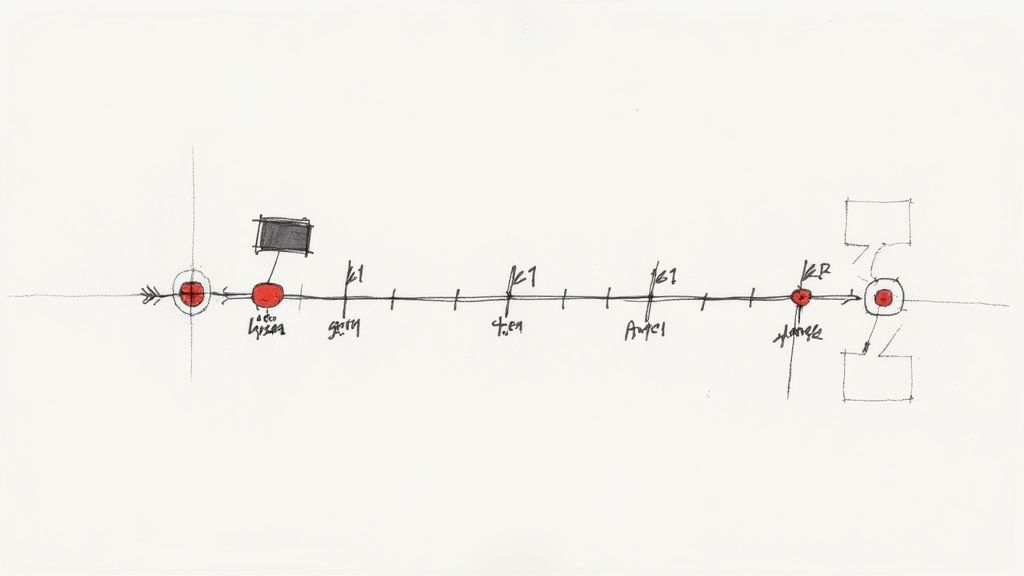 A hand-drawn linear diagram with red points, black text labels, and arrows on a white background.
