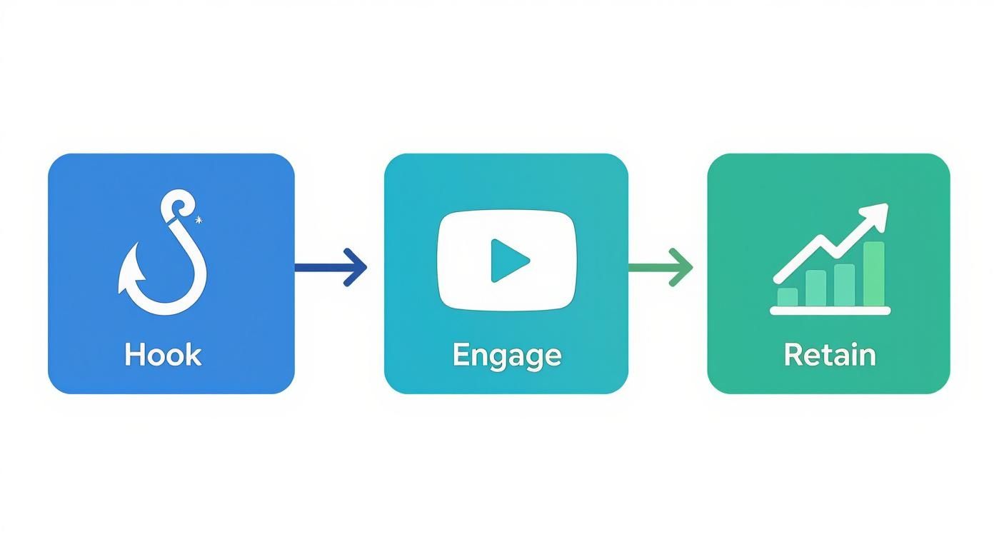 Infographic showing a three-step process for viewer retention: Hook, Engage, and Retain.