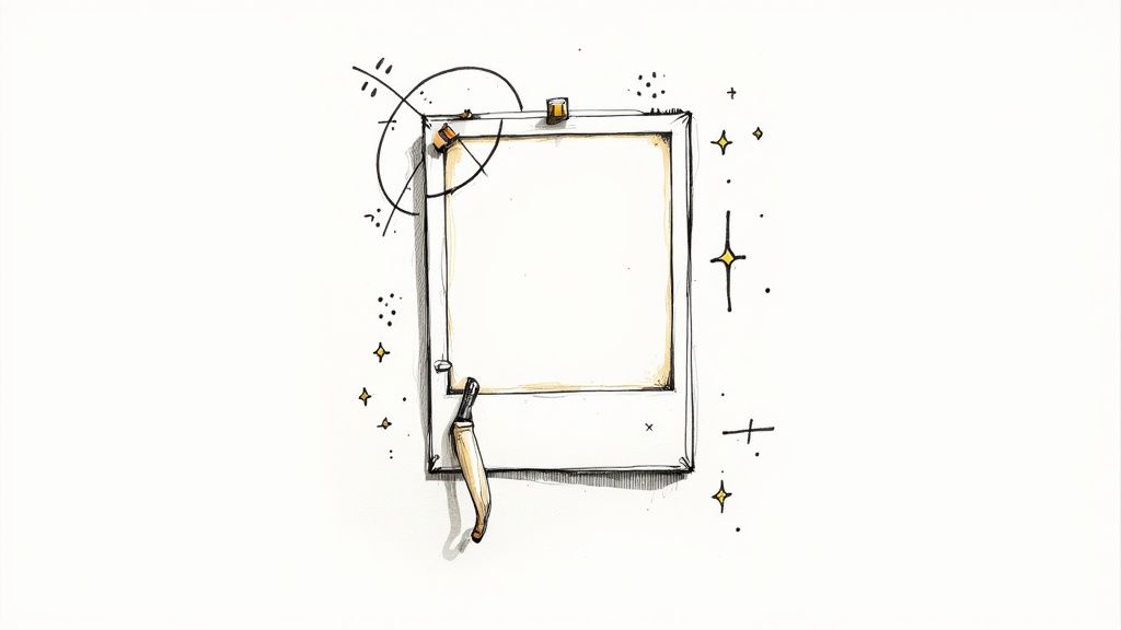 Polaroid photo frame with wooden push pins and sparkle decorative elements illustration