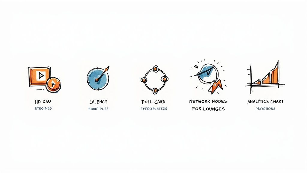 A split-screen view showing a virtual conference speaker on one side and an engaged audience in a grid view on the other.