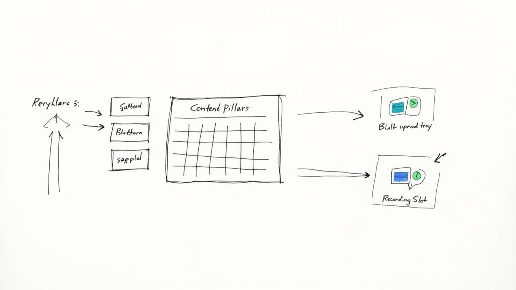 A person using a laptop to plan a social media workflow on a digital calendar.
