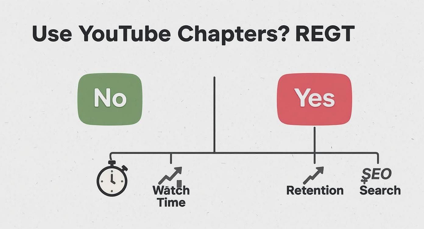 Diagram asking 'Use YouTube Chapters?' shows 'No' increases watch time, 'Yes' improves retention and SEO.