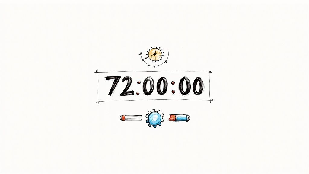 Hand-drawn timer displaying 72 hours, with a clock icon and settings gear.
