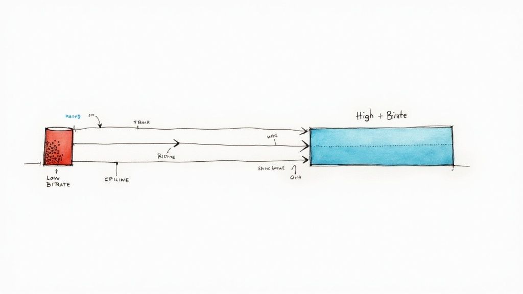 A pipeline analogy visualization, showing a narrow pipe with a compressed, pixelated image and a wide pipe with a clear, high-detail image.