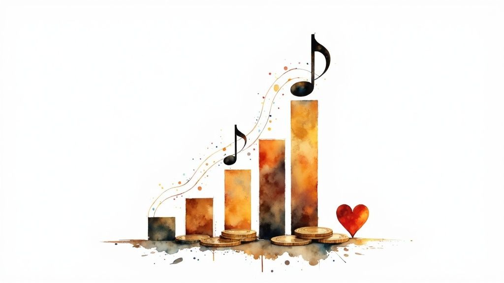 A laptop showing a streaming dashboard with graphs indicating growth, with headphones and a microphone nearby, symbolizing the monetization of a stream.