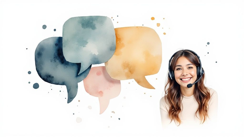 A smiling woman wearing a headset with colorful watercolor speech bubbles, representing communication and support.