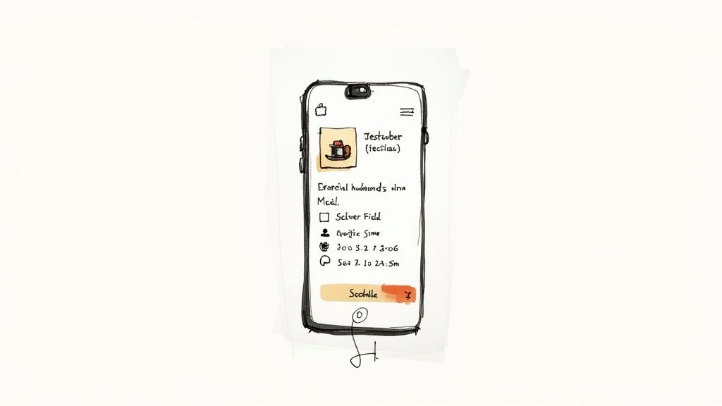 A hand-drawn sketch of a smartphone screen displaying a scheduling app with user profile and details.