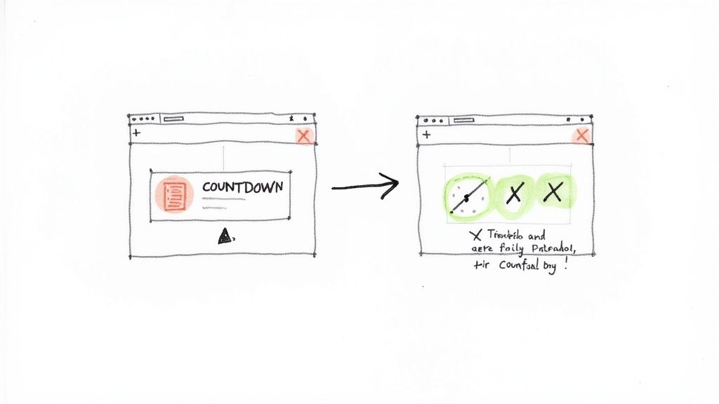 A hand-drawn sketch showing a countdown application transforming into a failed daily timer state.