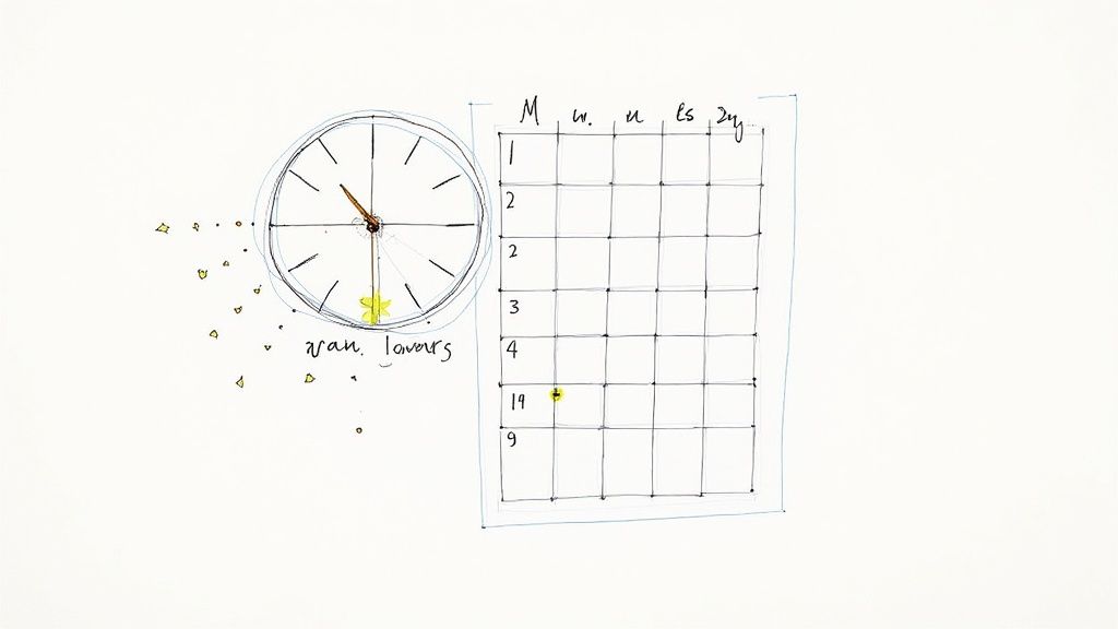 A social media manager reviewing a content calendar on a large screen, with charts showing peak audience activity times.