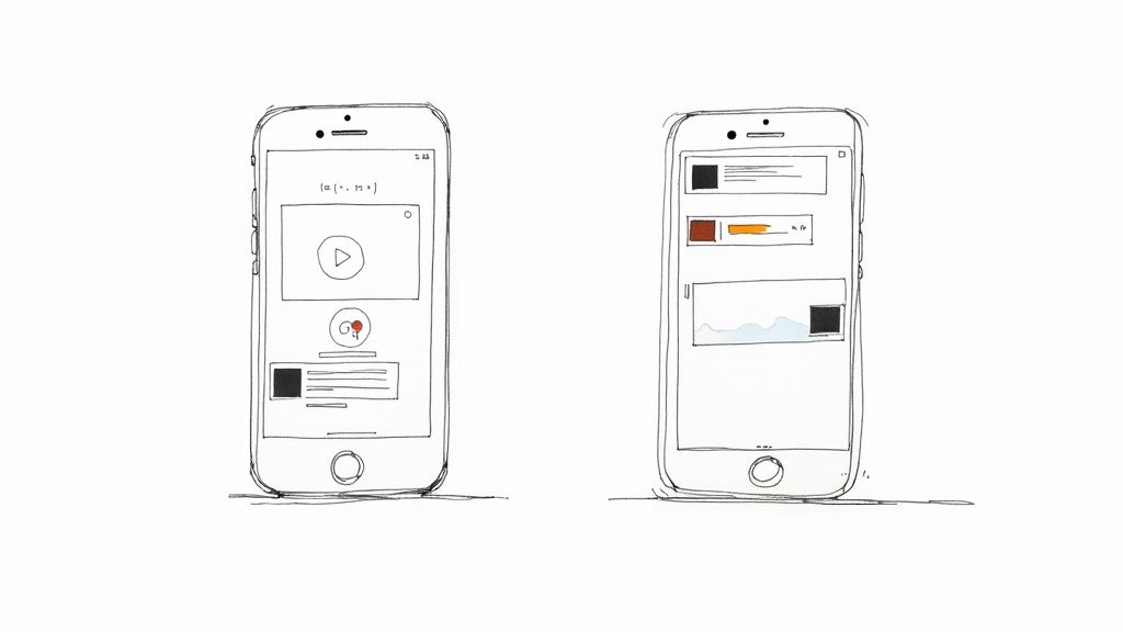Hand-drawn sketches of two smartphone screens, illustrating mobile application user interface wireframes.