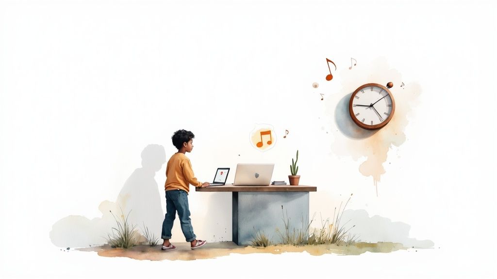 A person wearing headphones and working on a music production setup, representing the creation of royalty-free music.