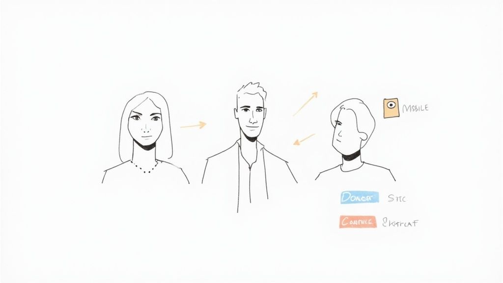 Three illustrated people showing donor site channel and portrait distribution strategy diagram