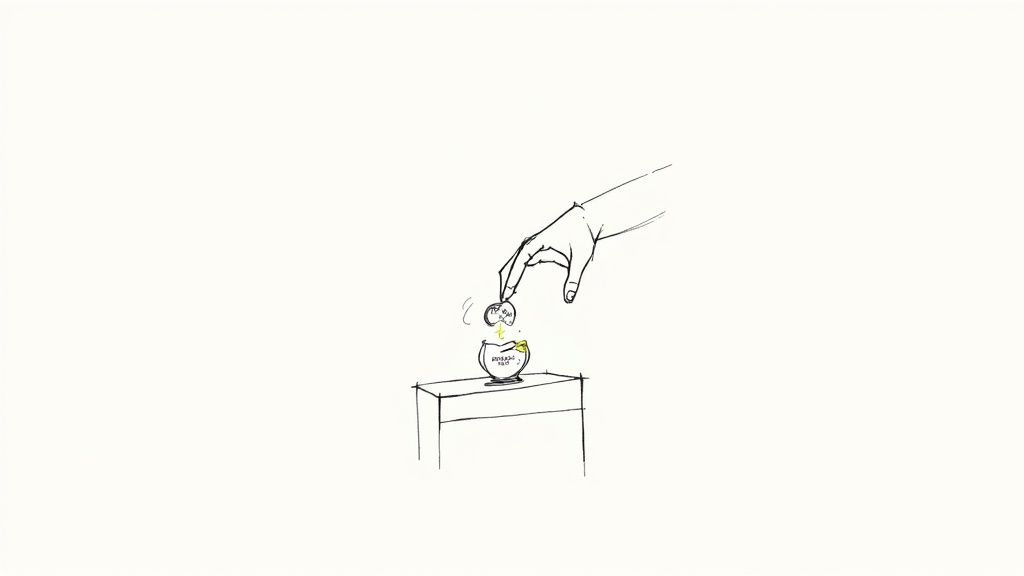 A simple sketch depicts a hand dropping two coins into a container labeled 'PRODUCT BOX' on a table.