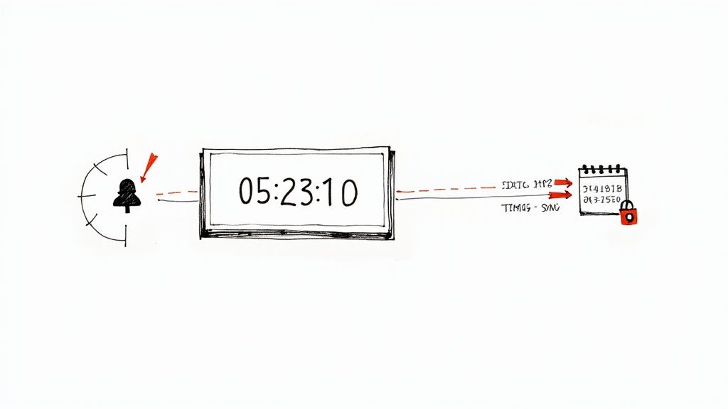 Stylized diagram of a digital countdown clock syncing with a locked calendar event.