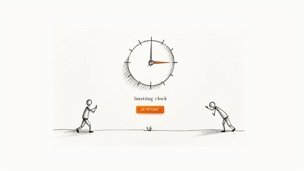 A hand-drawn illustration featuring a clock, two stick figures, text 'Imating clock', and an 'AB AITONO' button.