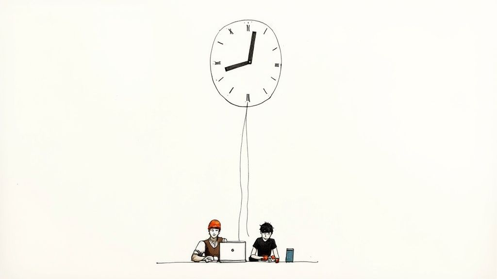 Minimalist illustration of two people working on digital devices under a large clock.