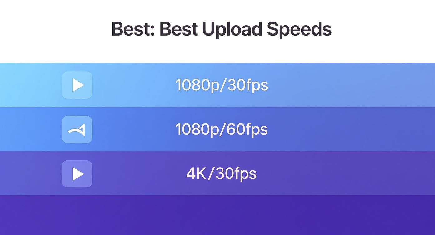 A menu displaying best video upload speed options: 1080p/30fps, 1080p/60fps, and 4K/30fps.