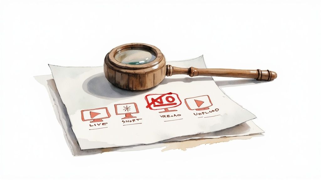 Magnifying glass scrutinizing paper with video content icons, highlighting a 'NO' crossed-out video.