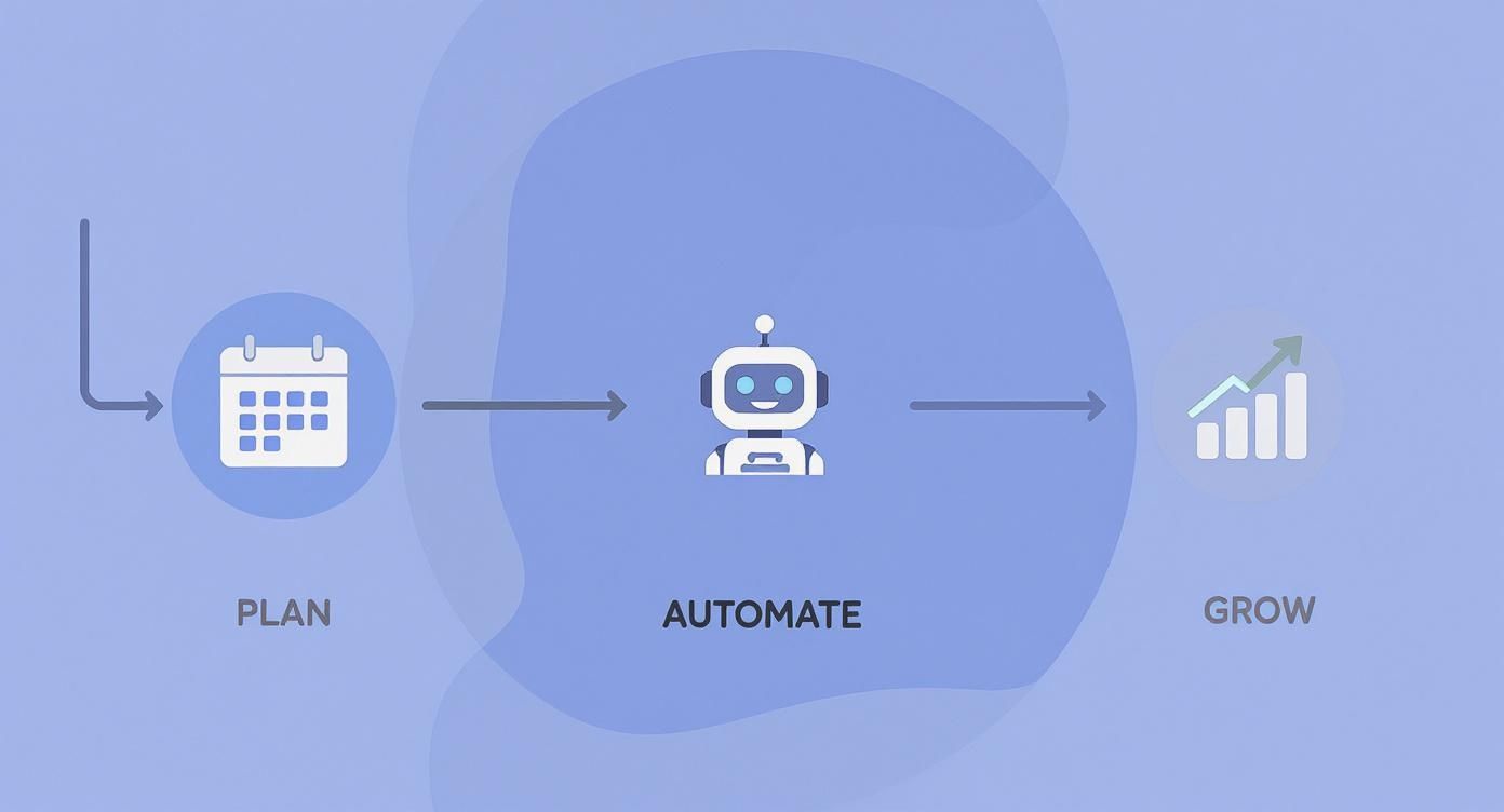 A flowchart shows a calendar for 'PLAN', a robot for 'AUTOMATE', and a bar chart for 'GROW'.