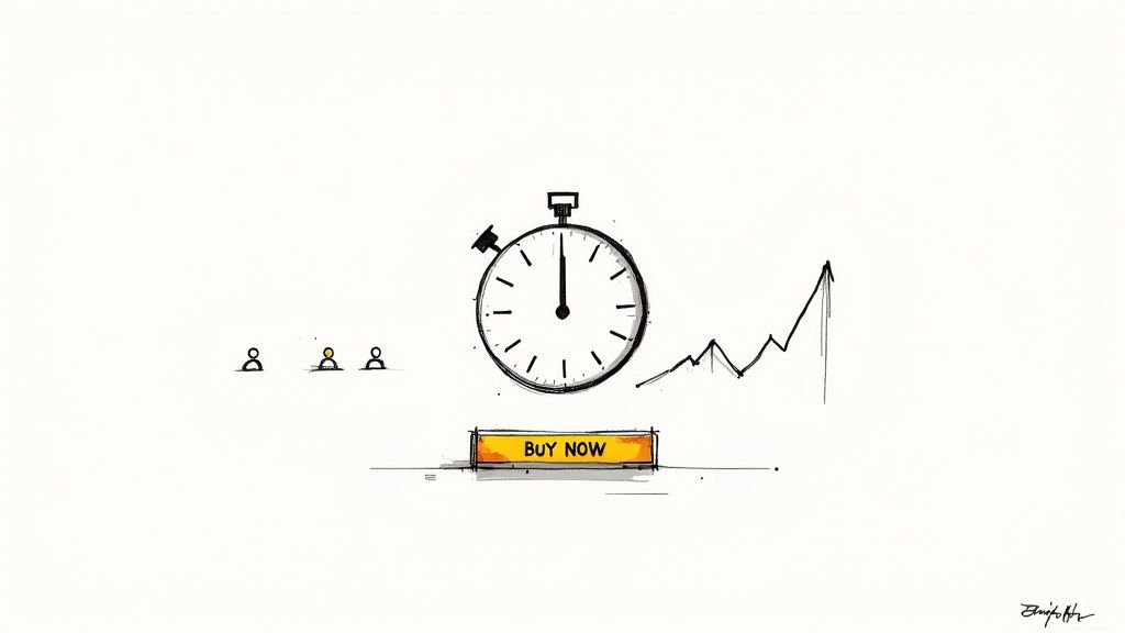 An illustration showing a stopwatch, 'BUY NOW' button, limited people, and an upward trend graph, suggesting urgency.