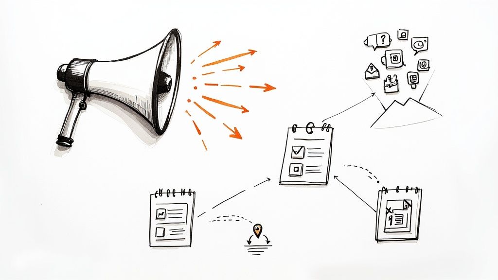 Megaphone amplifying marketing message to calendar schedules and social media platforms for event promotion