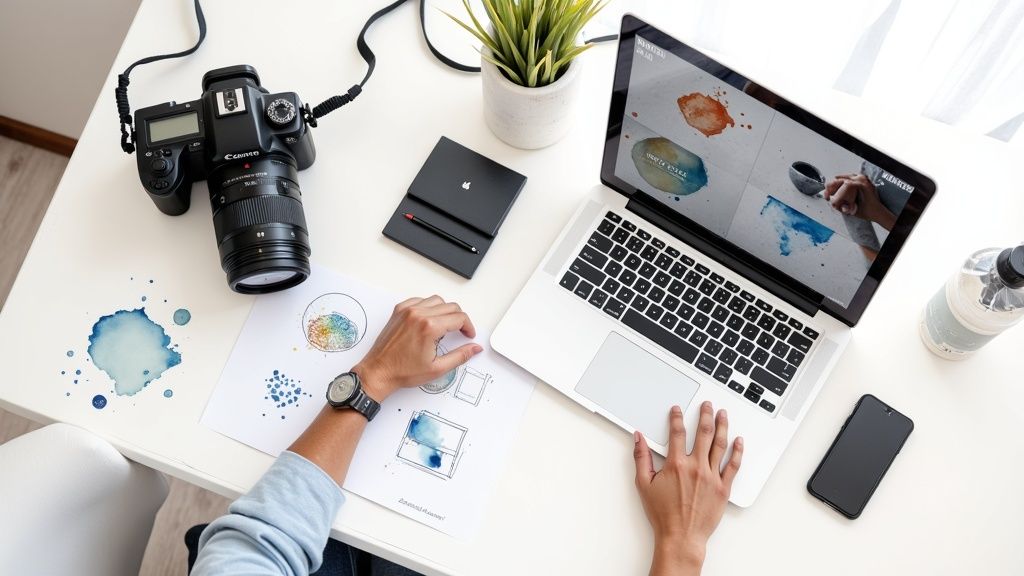 A person editing a video on a laptop, surrounded by professional camera gear and lighting, representing the pre-upload foundation of video optimization.