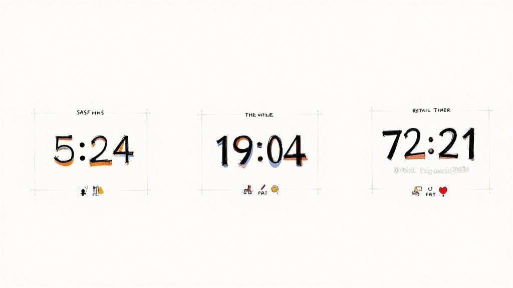Three hand-drawn digital timers display '5:24', '19:04', and '72:21' with various labels and icons.