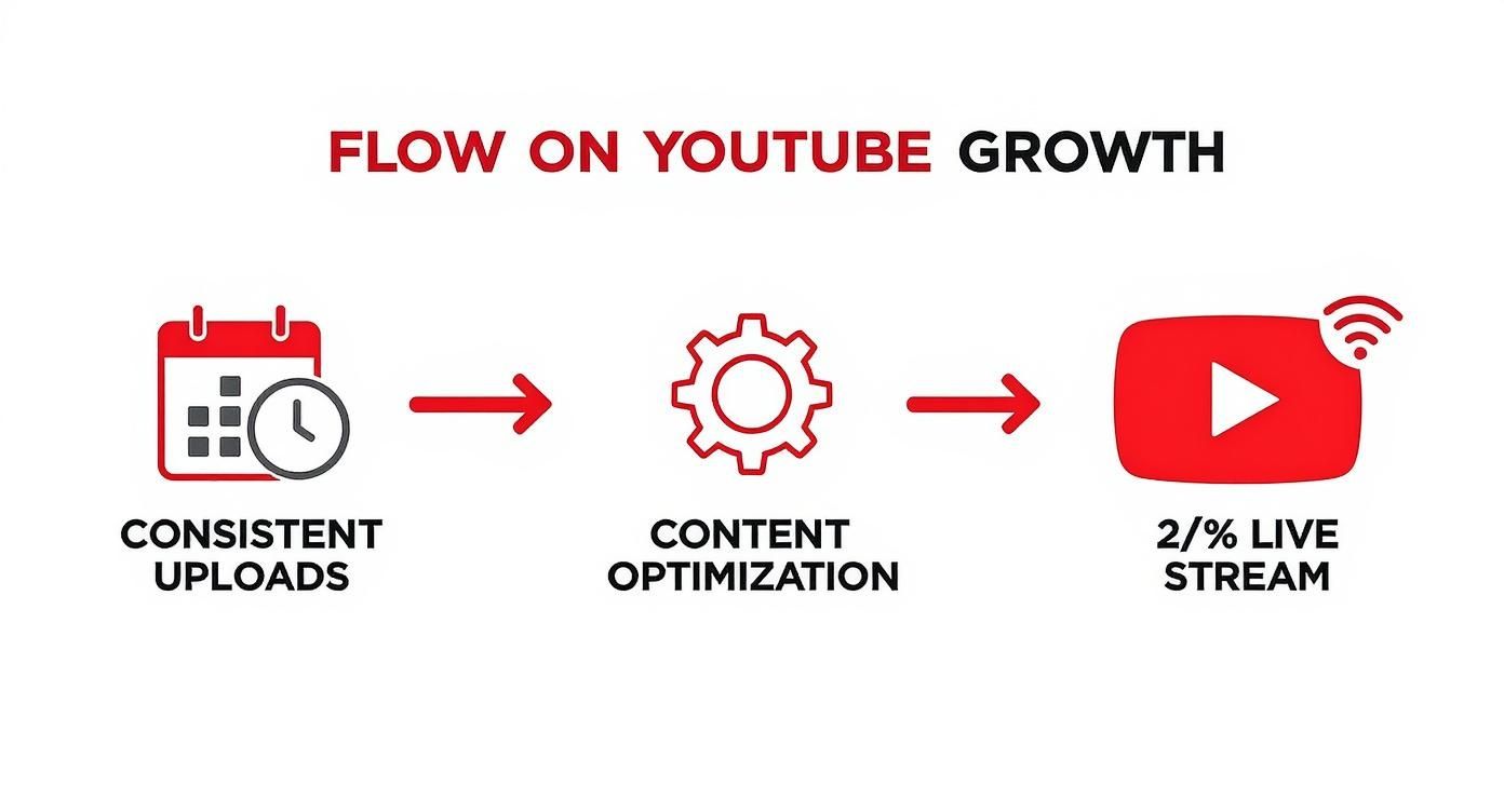 YouTube growth strategy flowchart showing consistent uploads, content optimization, and live streaming steps