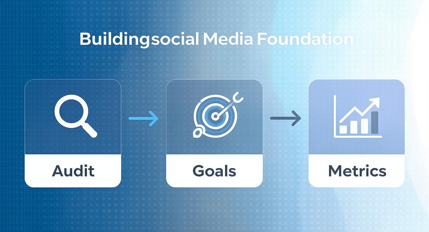 Three-step social media foundation process showing audit, goals, and metrics with icons on blue gradient background