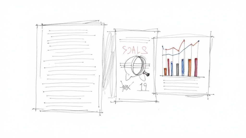 A hand-drawn sketch of three documents displaying text, goals, a magnifying glass, and data charts.
