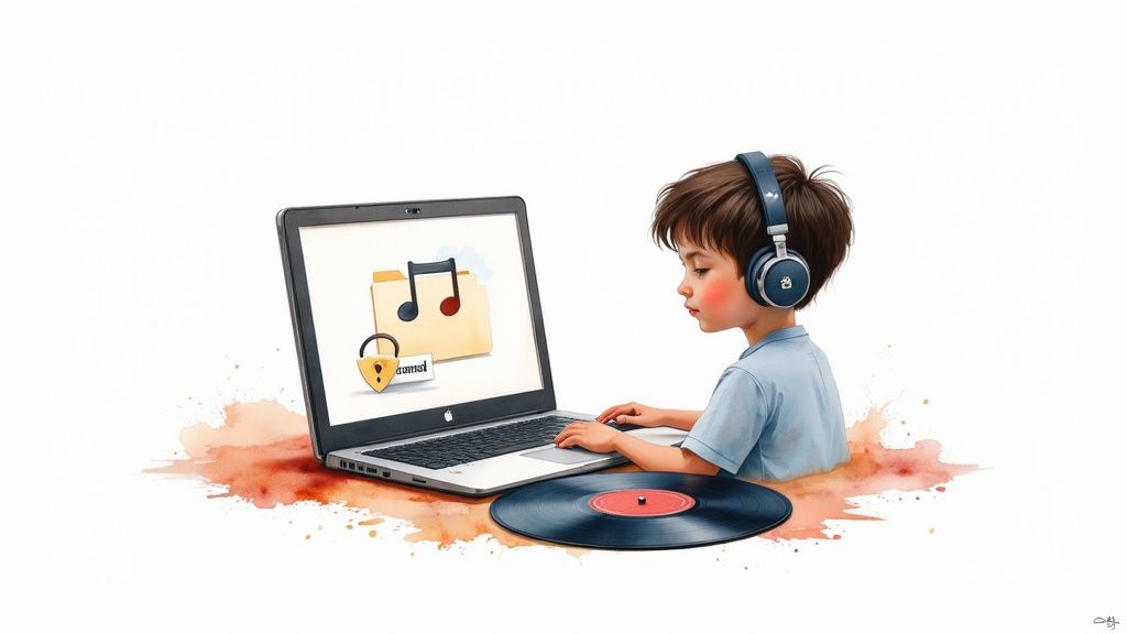 A person wearing headphones and searching for music on a laptop.
