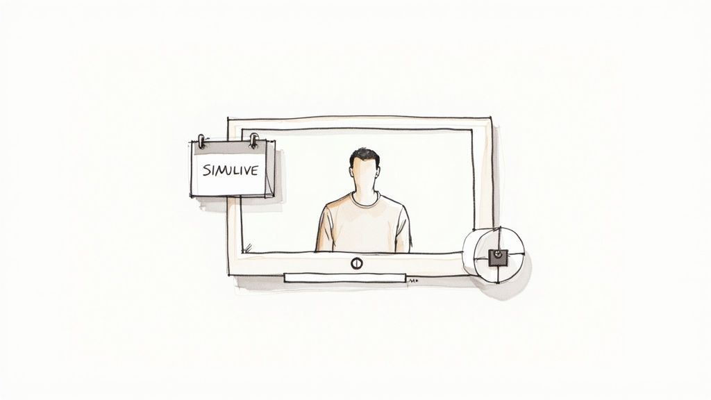 Illustration of person on computer screen with simulive label and camera target icon overlay
