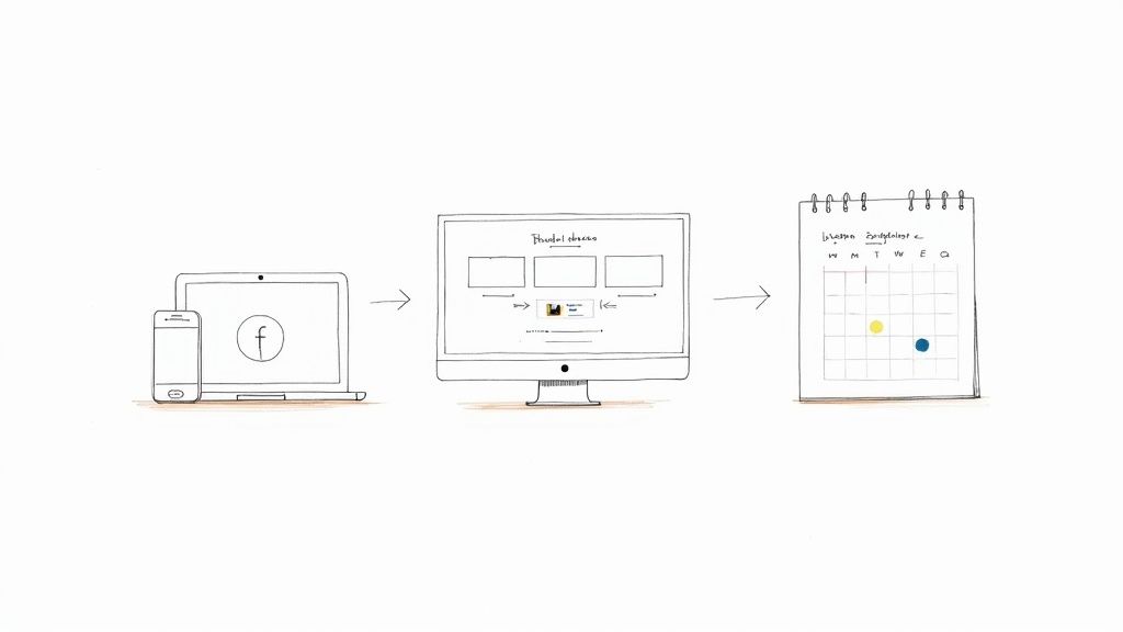 Illustration depicting the process of scheduling Facebook content and live streams on a calendar.