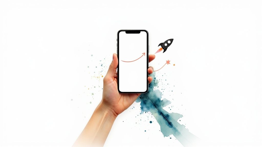 Hand holding smartphone with rocket launch graphic representing mobile app growth and success strategy
