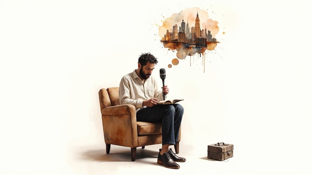 A bearded man reads a book into a microphone, with a watercolor cityscape thought bubble.
