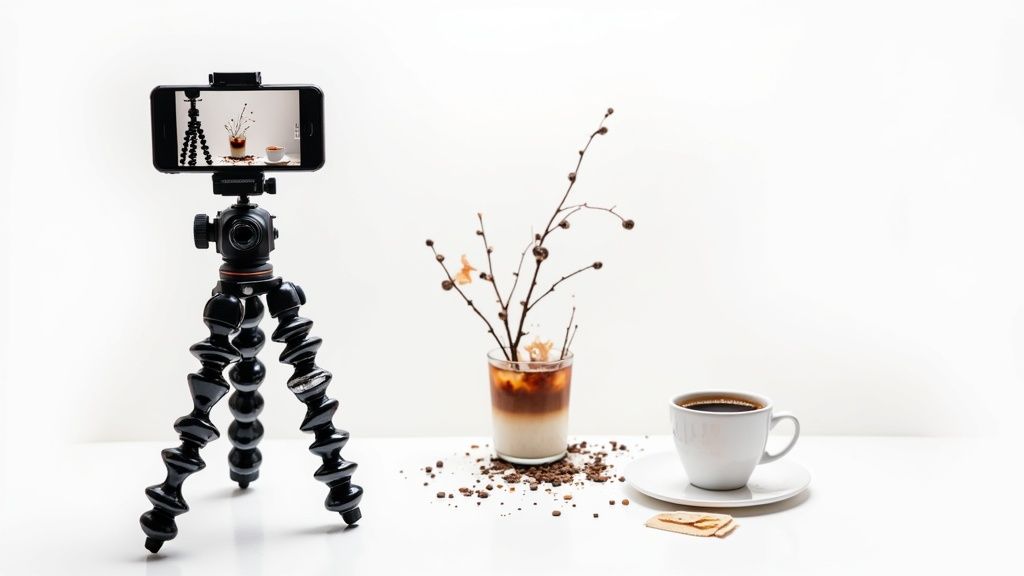 Smartphone on a tripod records a coffee flat lay with a cup, layered drink, and decorative branches.