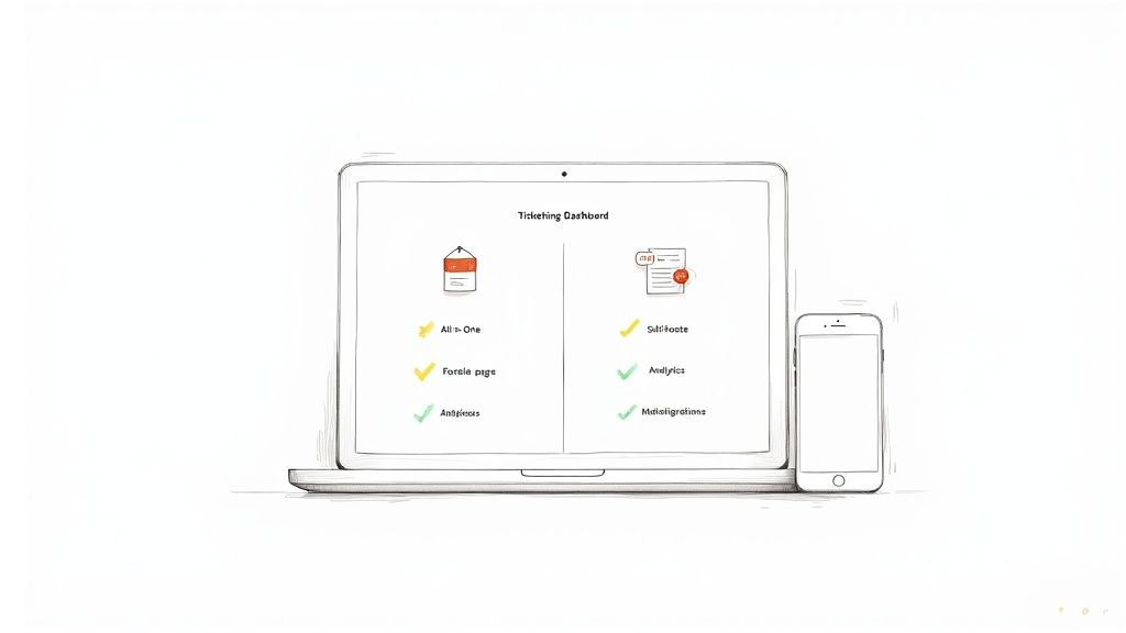 Laptop displaying ticketing dashboard with mobile app features including analytics and multilingual support for online ticket sales