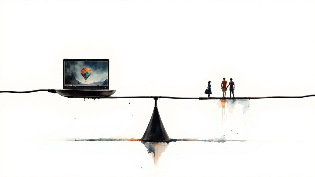 A close-up shot of a streaming interface showing a balance scale with a high-definition video icon on one side and a network signal icon on the other, representing the trade-off between quality and bandwidth.