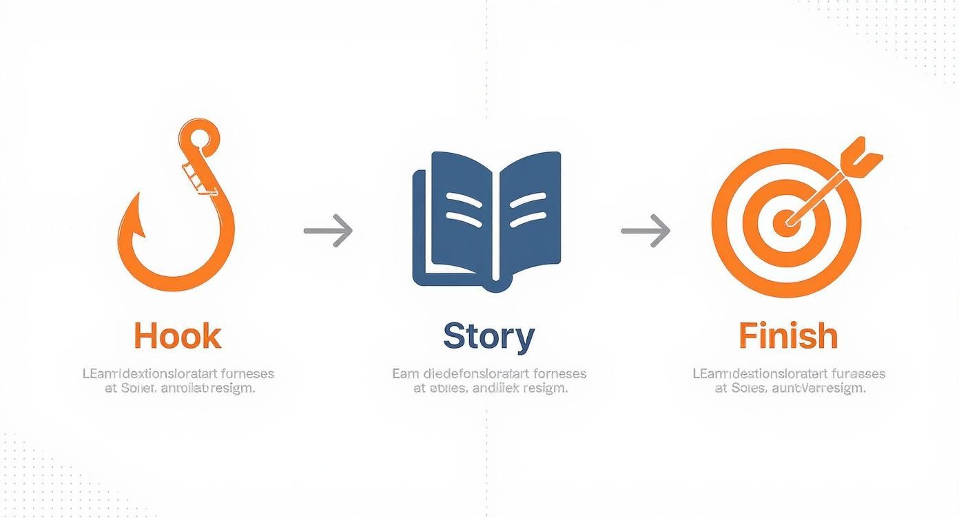 Three-step storytelling framework diagram showing hook, story, and finish stages with icons