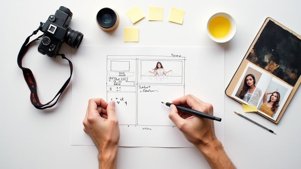 A person storyboarding a music video on a white board