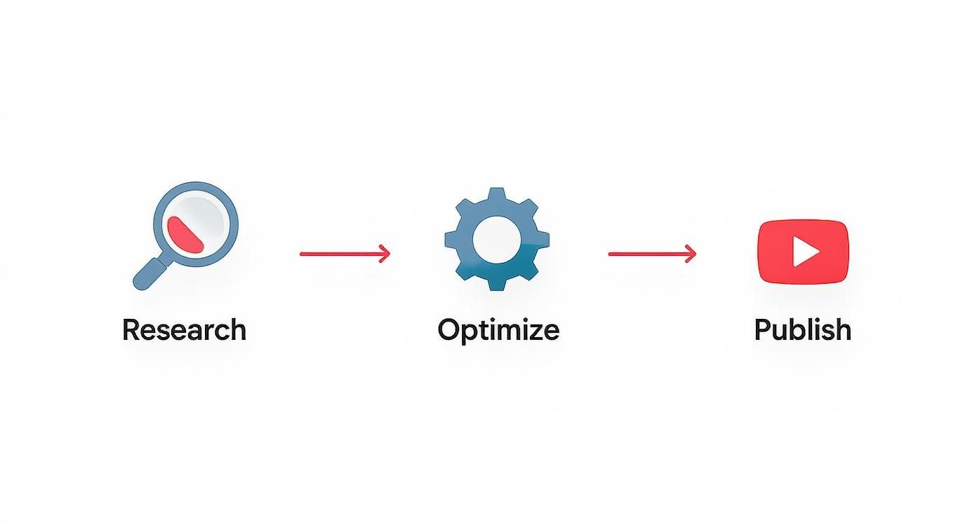 Diagram illustrating a three-step process: Research (magnifying glass), Optimize (gear), and Publish (YouTube icon).