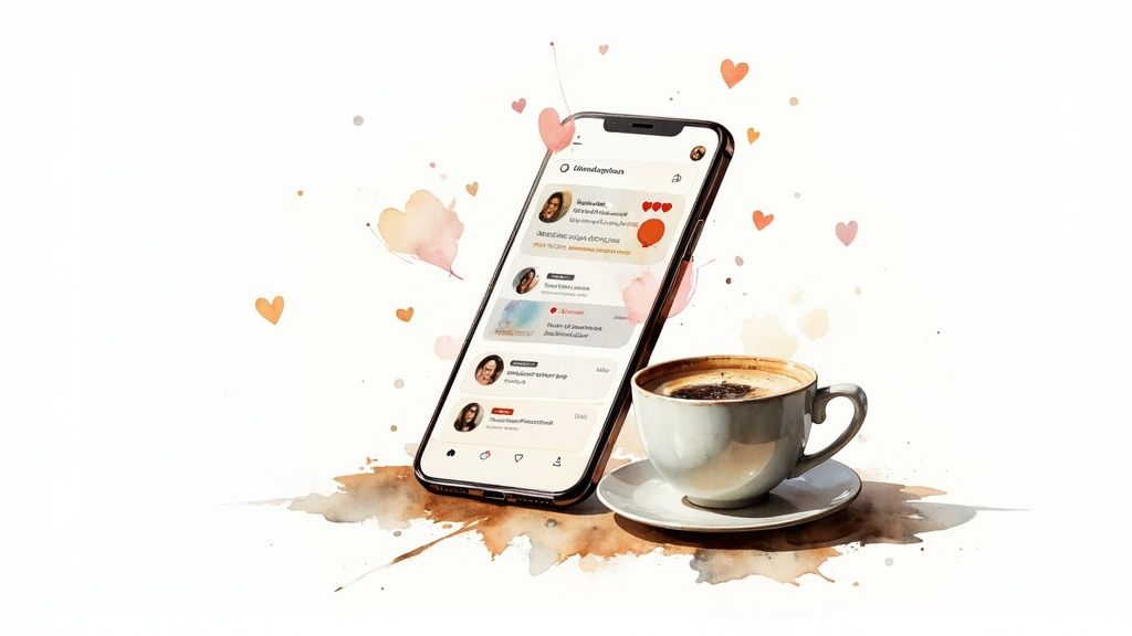 Smartphone displaying social media app with heart icons beside coffee cup in watercolor style